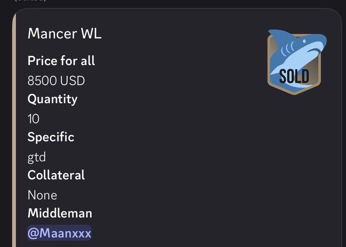 An "Mancer WL" (whitelist) sale listing shows 10 spots priced at 8,500 USD each (totaling $85,000) that has since sold out, as indicated by the "SOLD" badge and shark icon. The image supports the post's claim that OTC (over-the-counter) buys can yield significant profit, as the whitelist's implied value has now increased to over $15,000 per spot.