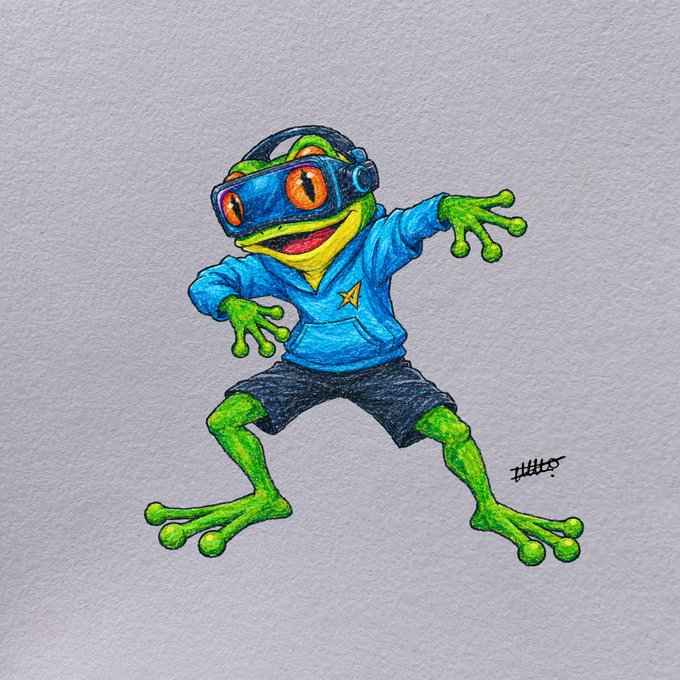 A hand-drawn colored pencil artwork of a green tree frog wearing a VR headset and a blue hoodie with a yellow star, posed dynamically.