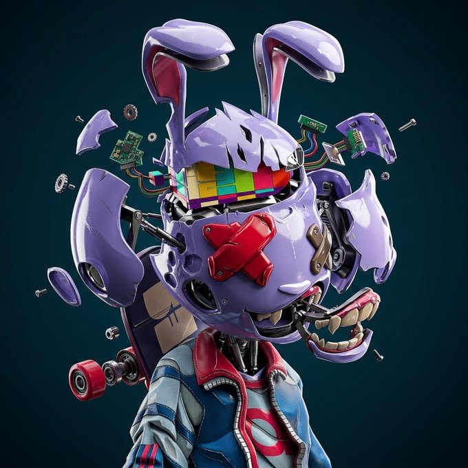 A 3D render of a purple animatronic rabbit character with exposed mechanical parts, colorful buttons, and a red X on its chest, set against a dark background. The figure wears a blue jacket with a pink and white emblem.