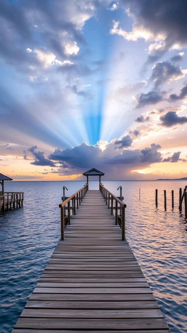 The image features a wooden pier extending into calm water under a beautiful sky with clouds. The sun's rays are shining through the clouds, creating a stunning visual effect that adds depth and dimension to the scene. The focus of the image seems to be on the pier itself rather than any additional elements in the background or foreground.