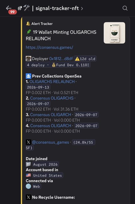 A Discord notification from the "signal-tracker-nft" bot alerts that 19 wallets are minting "OLIGARCHS RELAUNCH" at consensus.games, showing deployer details, prior OpenSea collections (FP 0.002 ETH, Vol 0.521 ETH), and the account @consensus_games based in the United States—relating to the post by tracking offchain NFT minting signals and onchain wallet activity for development tools.