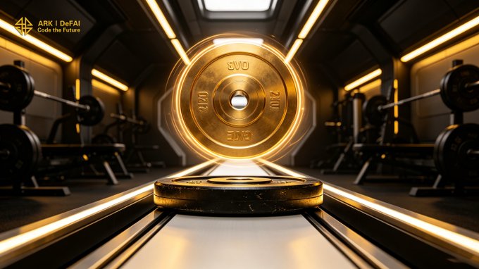 A glowing gold weight plate marked "25LB/ONE" rests on a gym floor, framed by warm amber lighting, echoing the post's theme of building discipline and control. The "ARK | DeFAI Code the Future" logo in the corner ties the strength-training imagery to Arkie AI's message of harnessing AI power through structured execution.