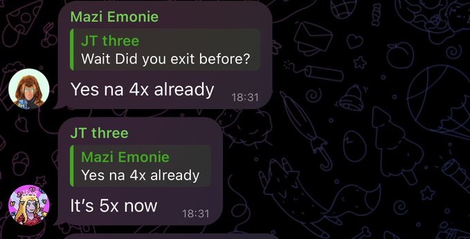 A Discord conversation screenshot shows Mazi Emonie and JT three discussing "exits," with JT claiming to have exited 4x already, while Mazi corrects that "It's 5x now"—appearing to promote a trading group (likely tied to CoinHunterAIBot) by showcasing profit-taking examples.