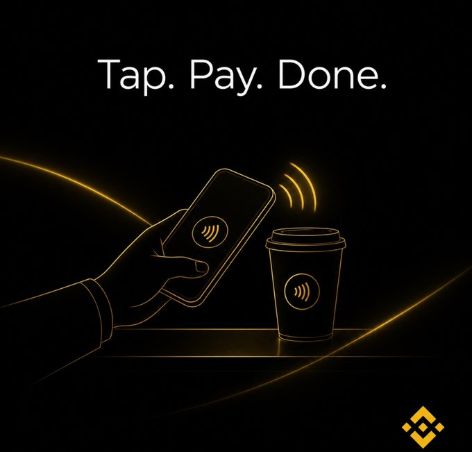 A stylized gold-lined illustration on a black background shows a hand tapping a smartphone against a coffee cup, both displaying contactless payment symbols, with the text "Tap. Pay. Done." above and the Binance logo in the corner. The image visually reinforces the post's message about using Binance Card via Google Wallet for seamless, contactless crypto-to-coffee payments.
