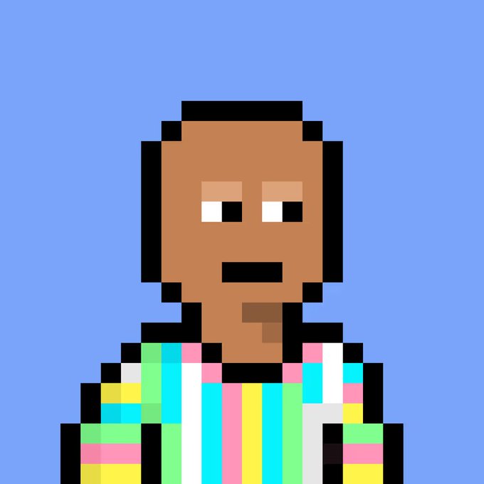 A pixel art portrait of a character with short hair wearing a colorful striped shirt against a light blue background.