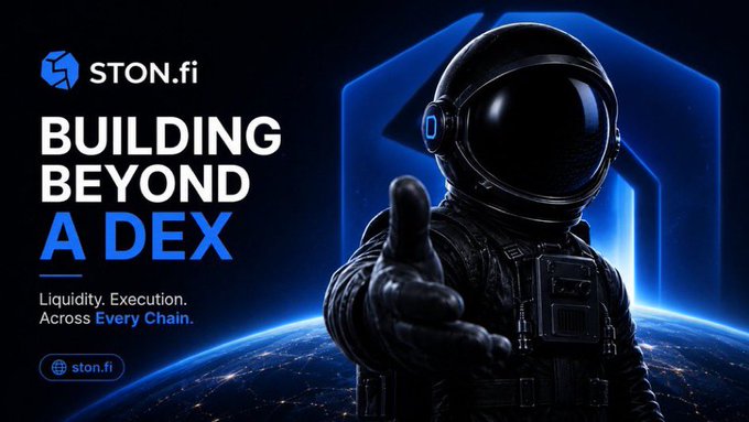 A promotional graphic for 'STON.fi' reads 'BUILDING BEYOND A DEX' alongside an image of an astronaut reaching out from space with the tagline 'Liquidity. Execution. Across Every Chain.'