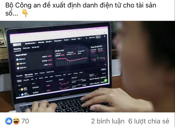 A Facebook post screenshot with Vietnamese text "Bộ Công an đề xuất định danh điện tử cho tài sản số..." shows a person viewing a cryptocurrency trading website on a laptop.