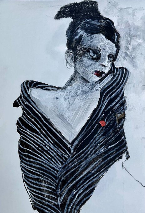 An expressive painting of a pale figure with dark hair in a striped, angular garment against a grey background.