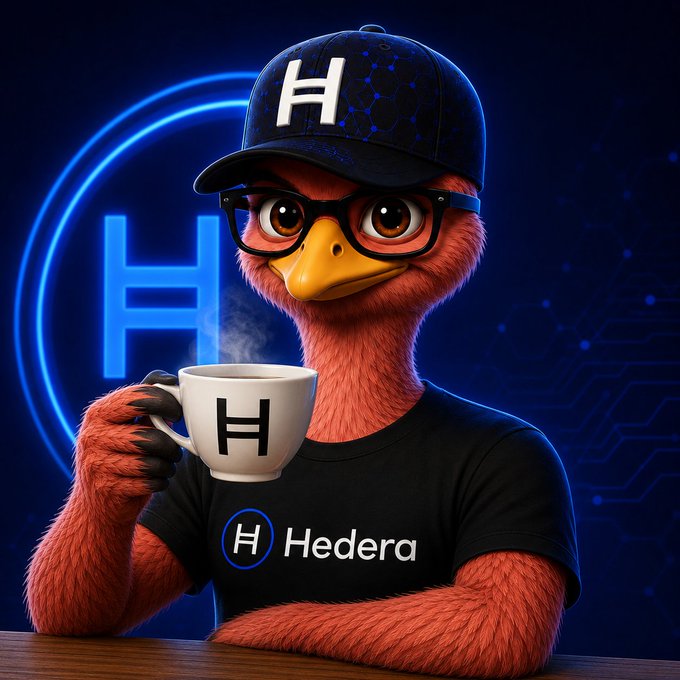 Digital artwork of a red bird character wearing a black 'H' cap, glasses, and a Hedera t-shirt, holding a coffee mug with the 'H' Hedera logo.