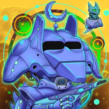 A stylized blue robotic Anubis character with a crescent moon ornament and glowing green eyes holds a futuristic rifle, with a small floating companion beside it. The digital art complements the post's appreciation for a talented NFT artist and the Pepe Explorers community win, fitting the celebratory crypto art theme.