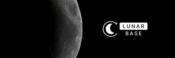 A crescent moon image displayed against a black background with the "LUNAR BASE" logo on the right, visually representing the Lunarbase project mentioned in the post about an upcoming announcement.