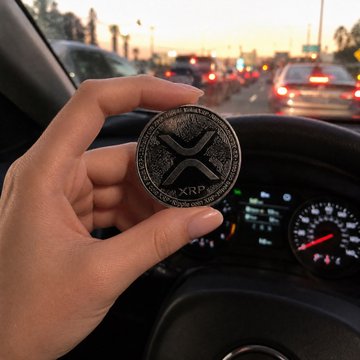 A hand holds a Ripple (XRP) commemorative coin up against a sunset highway backdrop visible through a car windshield, symbolizing the narrator's first foray into cryptocurrency. The coin's "XRP" marking and "The Science of Money" inscription directly illustrate the moment of buying their first XRP years ago.