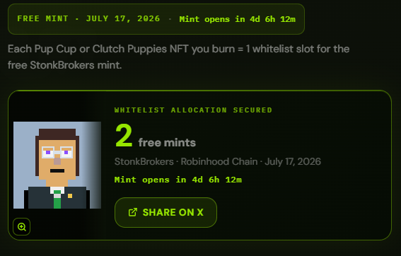 A free mint countdown interface for StonkBrokers on Robinhood Chain, showing 2 secured whitelist slots and the mint opening in 4d 6h 12m on July 17, 2026, with a 'Share on X' button.