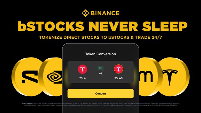 The image features a cell phone with an app that allows users to convert Bitcoin into TSLA, AAPL or any other cryptocurrency. The app displays three different options for conversion, including Bitcoin to TSLA, Bitcoin to AAPL, and Bitcoin to TSLA to TSLA. The background of the image is black, which contrasts with the yellow coins displayed on it. The text in the image reads "bSStocks Never Sleep", indicating that the app can convert Bitcoin into any cryptocurrency.