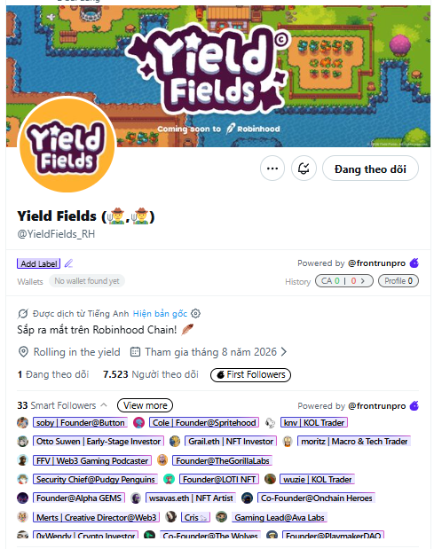 A Twitter/X profile page for 'Yield Fields' (@YieldFields_RH), a gaming project coming soon to Robinhood Chain, with 7,523 followers and a list of smart followers including founders and KOLs.