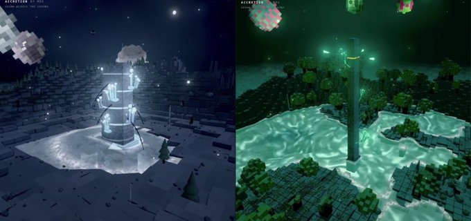 Two side-by-side screenshots from the voxel game Necroception show a snowy tomb scene on the left and a green-tinted river landscape with a glowing pillar on the right.