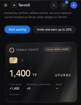 The image displays a TermiX dashboard showing a user named "APURBA" with 1,400 TP (TermiX Points), +1,400 weekly earnings, and 0 referral earnings under Season 1, alongside buttons to "Start earning" and "Invite and earn up to 20%." This directly illustrates the post about TermiX Points farming being live, visually representing the on-chain AI agent economy where activity (like completing jobs) translates into tracked points and potential future utility weight.