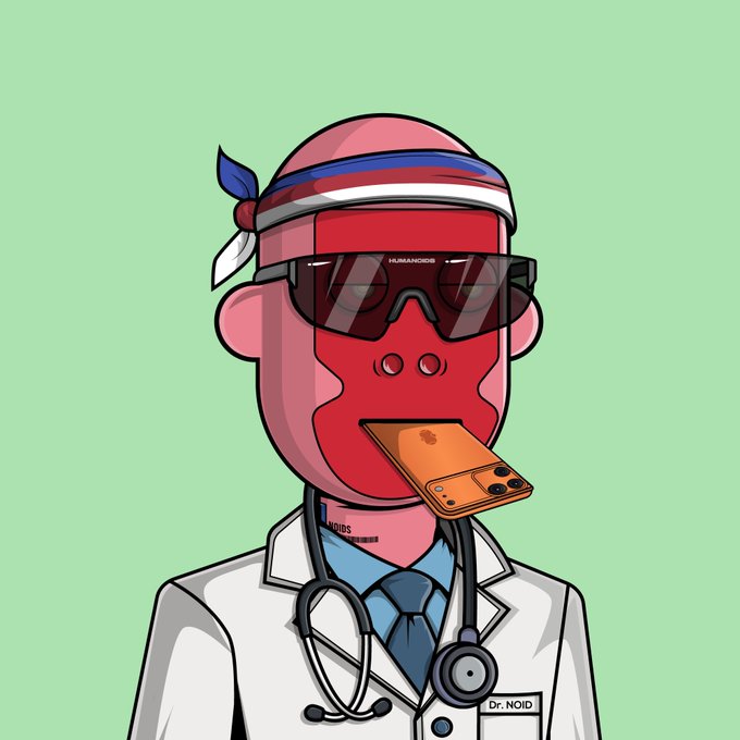 A cartoon illustration of a character labeled 'Dr. NOID' wearing a headband, sunglasses branded 'HUMANOIDS', and a doctor's coat with stethoscope, holding a smartphone in their mouth.
