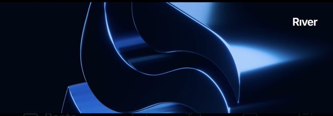 A dark blue abstract 3D rendered image featuring curved, glossy sculptural shapes with the 'River' logo in white text in the upper right corner.