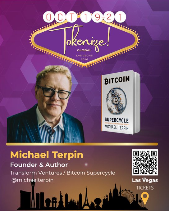 A promotional poster for the 'Tokenize! Global Las Vegas 2026' conference on October 19-21, featuring speaker Michael Terpin, Founder & Author of Transform Ventures and Bitcoin Supercycle (@michaelterpin), alongside an image of his book 'Bitcoin Supercycle'.