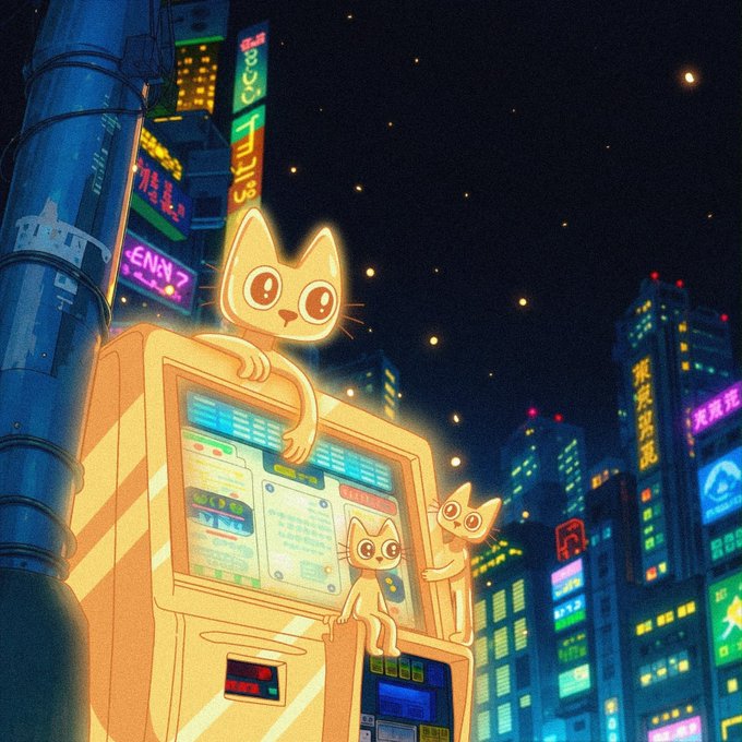Three glowing golden cats perch atop a brightly lit vending machine in a neon-drenched cityscape at night, with Japanese signage including "SAFELY" and "EN" visible on surrounding buildings. The luminous cats and the illuminated machine embody the post's sentiment, glowing like beacons in a city that hums endlessly under the stars.