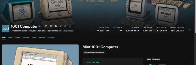 NFT marketplace listing for '1001 Computer' by HOMEWOOD CHAIN, with a floor price of 0.0214 ETH and 18% creator fee.