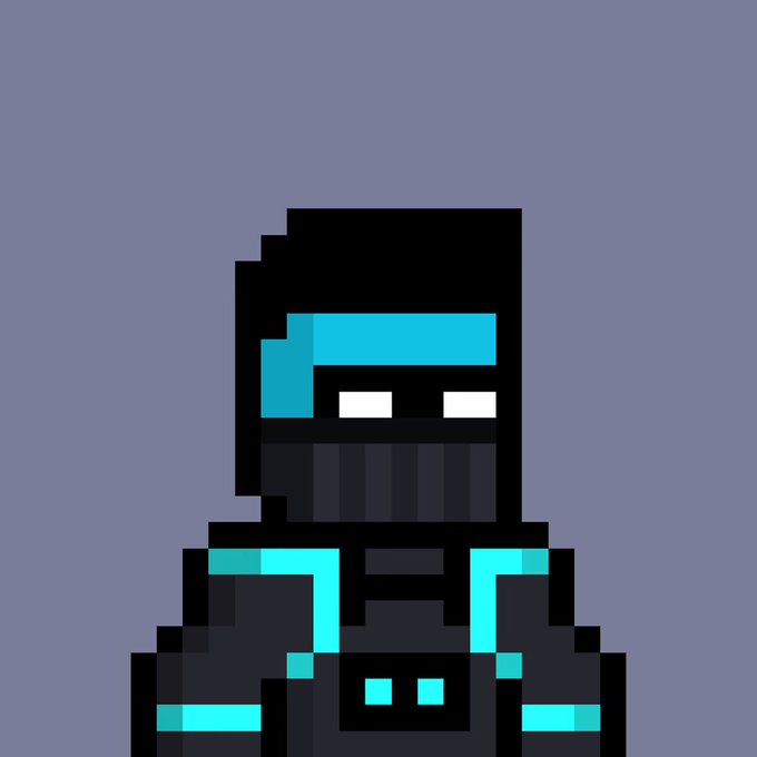 A pixel art character with a black hooded helmet featuring a cyan visor and white rectangular eyes, wearing matching dark armor with cyan accents.