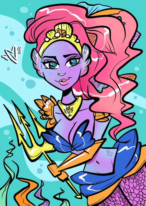 A colorful digital illustration of a mermaid with purple skin, pink flowing hair, a gold crown, and holding a yellow trident.
