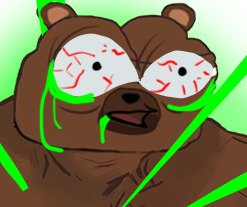 The image features a cartoon bear with green eyes, giving it an evil or demonic appearance. The bear has a large nose and mouth, adding to its intimidating look. The background of the image is a light green color, which contrasts with the brown fur of the bear. There are no texts present in the image, but there is a caption that reads "not my best work". This suggests that the artist may not be satisfied with their own work and has included this caption to express their dissatisfaction or lack of confidence in the cartoon bear's appearance.