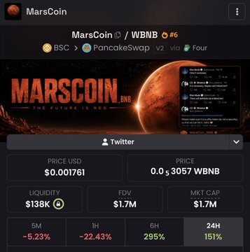 Mobile screenshot of the MarsCoin cryptocurrency tracker showing MarsCoin (MARS) / WBNB trading pair on PancakeSwap via Four, priced at $0.001761 with a 24H change of 151%.