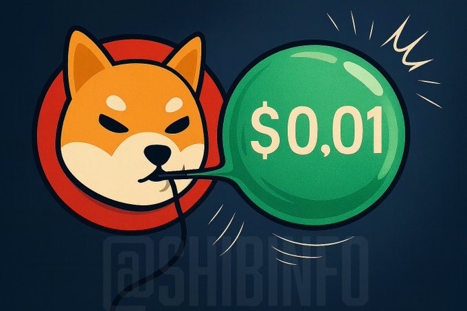 A cartoon illustration of a Shiba Inu dog blowing up a green balloon with "$0,01" written on it, watermarked "@SHIBINFO" on a dark blue background.