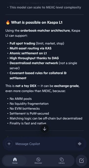 Chat app screenshot discussing Kaspa L1 capabilities, noting it can scale to MEXC-level complexity with features like full spot trading, multi-asset routing via KAS, and atomic settlement.