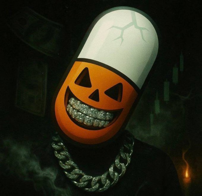 A surreal artwork showing a figure wearing an orange pumpkin-shaped mask with a diamond-studded grinning mouth and a cracked white pill-shaped top, adorned with a thick silver chain necklace against a dark, smoky background.