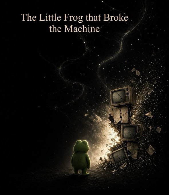 A small green frog stands before a stack of crumbling, shattered old televisions in a dark void, with the title "The Little Frog that Broke the Machine" displayed above, symbolizing the "gm frens" post's theme of an innocent creature disrupting overwhelming systems.
