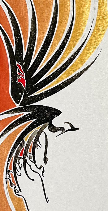 A close-up of a painted mural featuring a stylized black bird with outstretched wings and a smaller bird figure below, rendered in black ink against a background of orange and yellow textured paint.