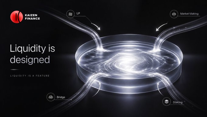 A Kaizen Finance promotional graphic displays the tagline "Liquidity is designed" alongside a glowing circular vortex design, highlighting features including LP, Market Making, Bridge, and Staking.