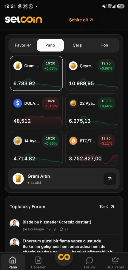 A screenshot of the Selcoin cryptocurrency app showing the "Pano" (Dashboard) tab with prices for Gram Altın (6.783,92), Çeyrek Altın (10.989,95), Dolar (48,512), and BTC/TL (3.752.827,00), alongside a community post from @selcukergin thanking users for their voluntary support of the service.