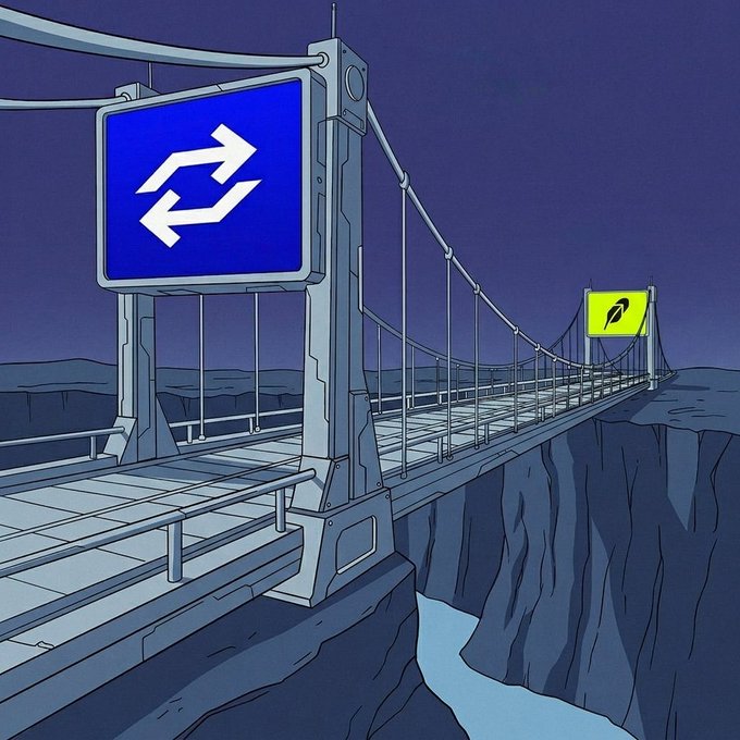 A suspension bridge stretches across a dark canyon under a purple sky, marked by a blue sign bearing Robinhood's logo and a yellow "R" sign at the far end, visually symbolizing the connection of new platforms like tokndeal to the Robinhood Chain. The bridge imagery reinforces the post's announcement of cross-chain escrow-based OTC trading bridging Ethereum, ApeChain, and Robinhood Chain.