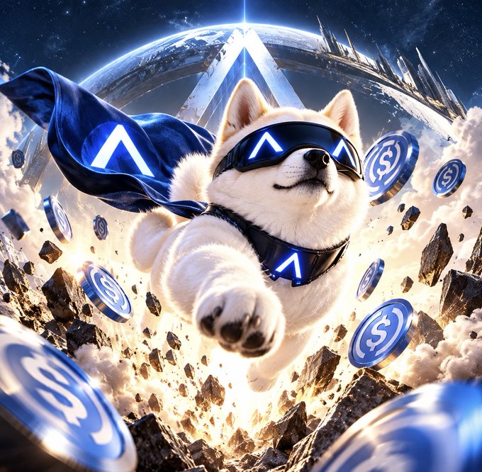 Digital art of a Shiba Inu dog wearing futuristic sunglasses and a cape with a glowing 'A' logo, flying through space with dollar sign coins floating around.