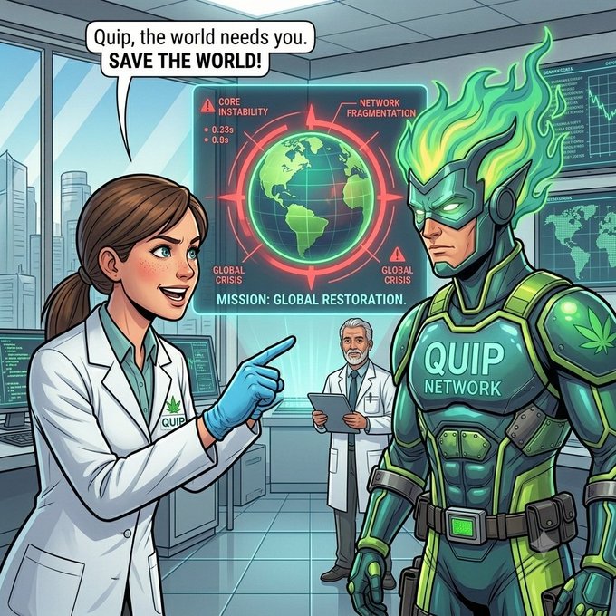 In a high-tech lab, a scientist in a QUIP lab coat urgently tells the green-haired, armored superhero "QUIP NETWORK," "The world needs you. SAVE THE WORLD!" as a screen displays warnings of "CORE INSTABILITY," "NETWORK FRAGMENTATION," and "GLOBAL CRISIS" with the mission "GLOBAL RESTORATION." The image humorously personifies Quip Network as a superhero being called to action, reflecting the post's emphasis on the team's active efforts to strengthen network infrastructure and ship meaningful upgrades rather than relying on a static early testnet.