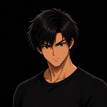 An anime-style illustration of a young man with messy black hair, sharp brown eyes, and a serious expression, wearing a black t-shirt against a dark background.