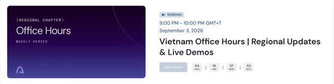 An event banner for 'Office Hours Weekly Series' advertising 'Vietnam Office Hours | Regional Updates & Live Demos' on September 3, 2026, with a countdown timer.