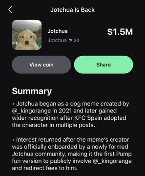 In the image, a dog is featured as the central figure. There is a caption below that reads "JOTCHUA IS BACK JOTCHURA", which translates to "Jotchua became a dog meme created by Kingoranges in 2021." The caption also mentions that KFC is a partner of this meme and how it was shared on the Pumpfun app, which is known for promoting dog-themed content. This highlights the popularity and influence of Jotchua as a popular meme, and the role of KFC in supporting its creation through their partnership with the app.