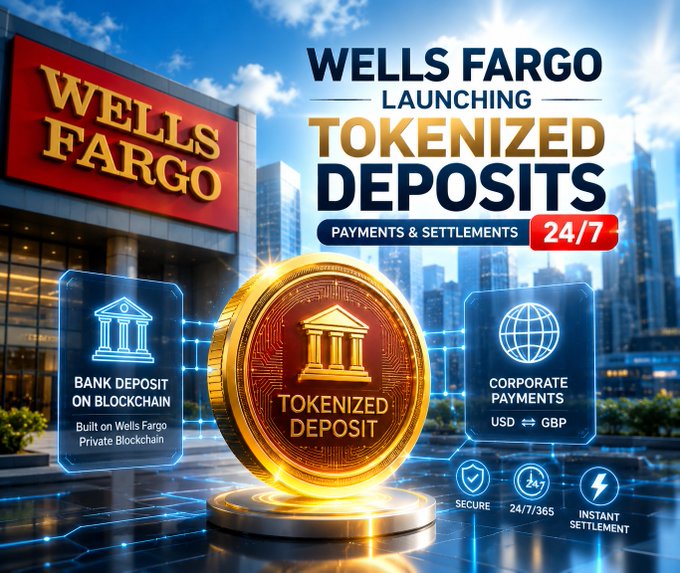 The image shows a promotional graphic announcing Wells Fargo's launch of tokenized deposits, featuring a large golden "TOKENIZED DEPOSIT" coin in front of a Wells Fargo bank building, with text highlighting "PAYMENTS & SETTINGS 24/7" and features like "BANK DEPOSIT ON BLOCKCHAIN" and "CORPORATE PAYMENTS USD ⇄ GBP." It visually reinforces the Vietnamese caption by illustrating Wells Fargo's move into blockchain-based banking, offering businesses 24/7 settlement on a private blockchain as an alternative to stablecoins.