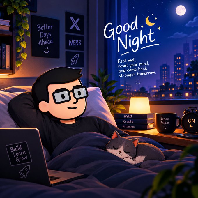 A cozy nighttime illustration of a cartoon character with glasses in bed beside a sleeping cat, with text reading 'Good Night. Rest well, reset your mind, and come back stronger tomorrow.' along with labels like 'Web3', 'Crypto', and 'Freedom'.