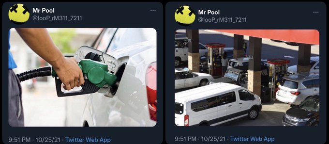 Two side-by-side tweets from "Mr Pool" (@looP_rM311_7211) timestamped 9:51 PM on 10/25/21, showing a hand fueling a white car on the left and a gas station with multiple vehicles at pumps on the right, visually representing the "biggest oil deal" referenced in the accompanying cryptic post about XRP predictions.