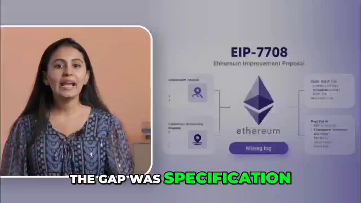 The image shows a woman wearing a blue top, standing next to a computer screen that displays information about the Ethereum blockchain. The text on the screen reads "The Gap was specification", which suggests that there might be an issue with the specifications of the Ethereum blockchain or related projects.