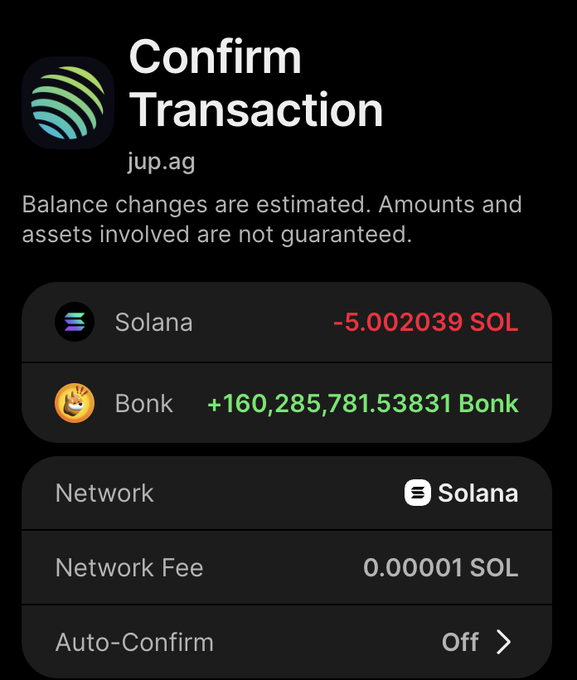 A mobile wallet transaction confirmation screen on jup.ag shows an exchange of -5.002039 SOL for +160,285,781.53831 Bonk on the Solana network.