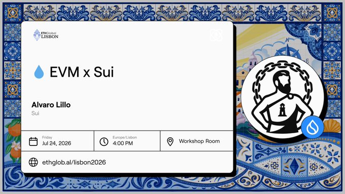 An event announcement for 'EVM x Sui' featuring Alvaro Lillo from Sui, scheduled for Friday, July 24, 2026, at 4:00 PM in the Workshop Room at ETHGlobal Lisbon, with link ethglob.ai/lisbon2026.