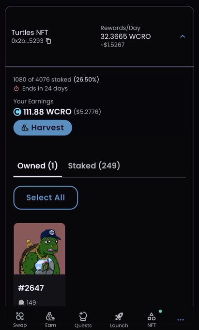 A mobile app interface showing 'Turtles NFT' with an address starting '0x2b...5293', displaying earnings of '111.88 WCRO ($5.2776)' and showing a staked turtle NFT labeled '#2647' in the Owned tab.